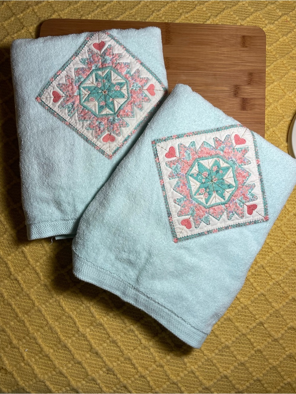 Vintage Light Blue Embroidered Cotton Bath Towels - Set of 2